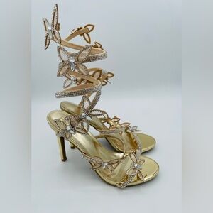 Gold Rhinestones Butterfly Wrap High Heels Stiletto Party’s Dress Shoes 7.5
